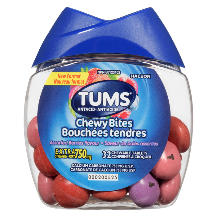 TUMS Chewy Bites Antiacide Saveur de baies assorties Extra Fort 750 mg 32 Comprimés à Croquer