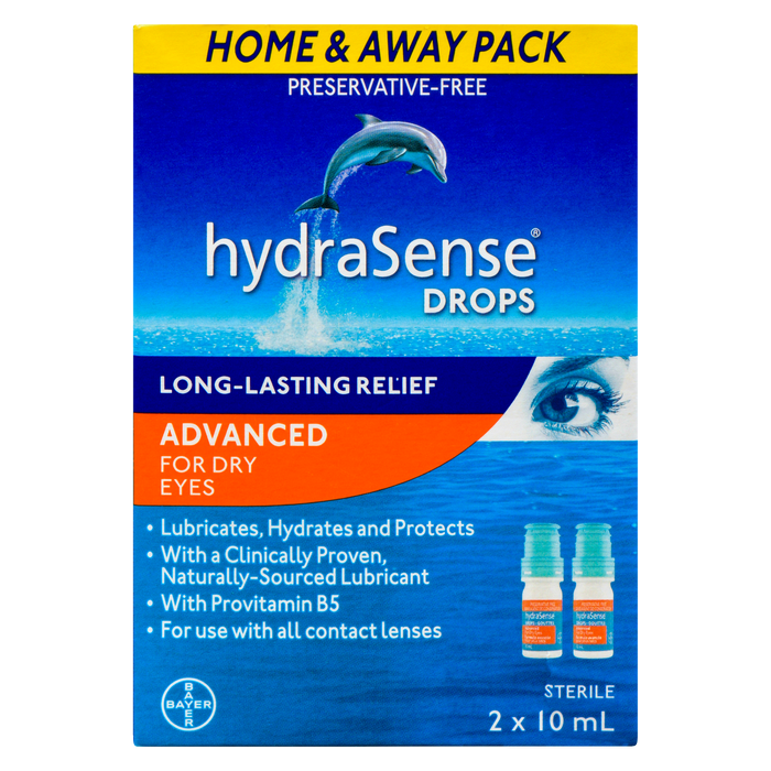 Gouttes HydraSense Advanced pour les yeux secs, pack maison et extérieur, 2 x 10 ml