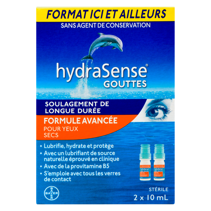 Gouttes HydraSense Advanced pour les yeux secs, pack maison et extérieur, 2 x 10 ml