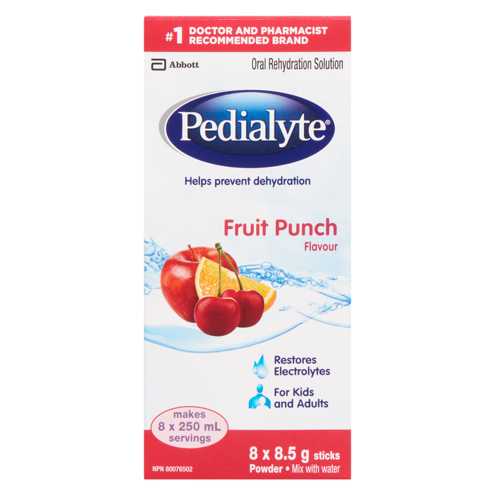 Poudre pour solution de réhydratation orale Pedialyte, saveur punch aux fruits, 8 bâtonnets x 8,5 g