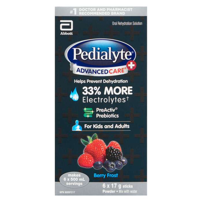Pedialyte Advanced Care + Solution de réhydratation orale en poudre Baies glacées 6 bâtonnets x 17 g