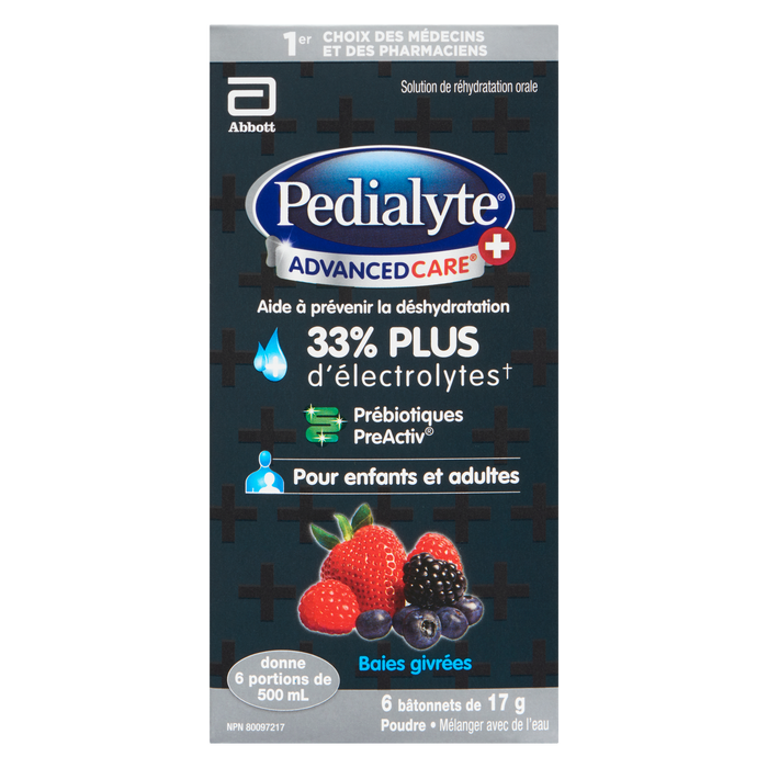 Pedialyte Advanced Care + Solution de réhydratation orale en poudre Baies glacées 6 bâtonnets x 17 g