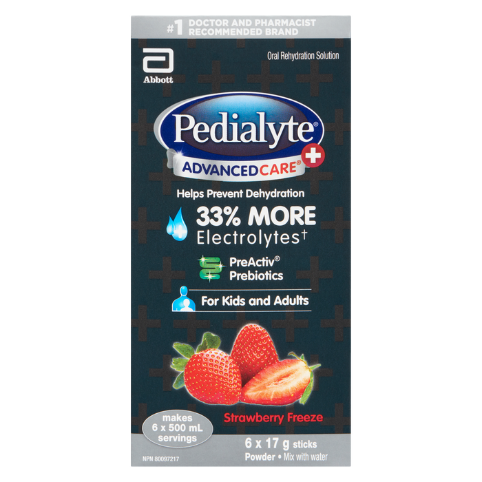 Pedialyte Advanced Care + Solution de réhydratation orale en poudre Fraise Freeze 6 bâtonnets x 17 g