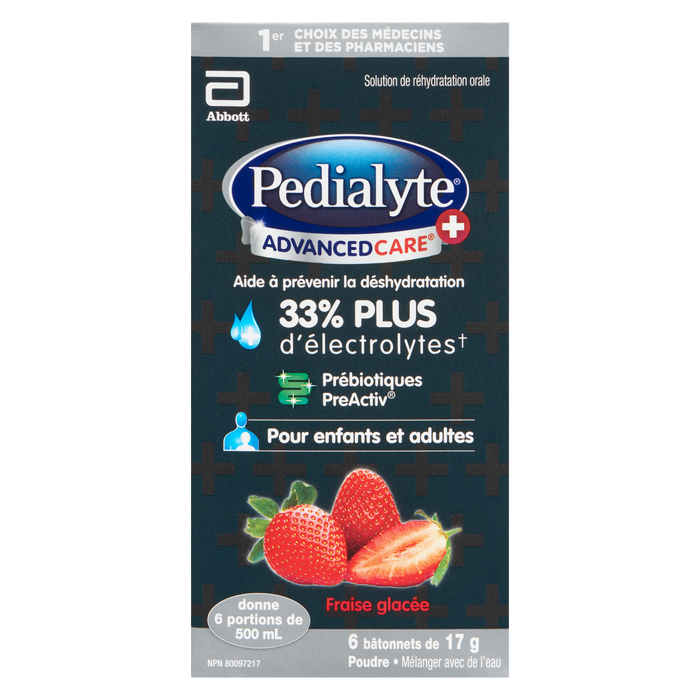 Pedialyte Advanced Care + Solution de réhydratation orale en poudre Fraise Freeze 6 bâtonnets x 17 g