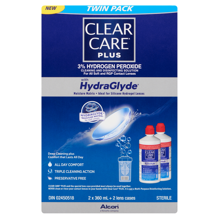 Solution nettoyante et désinfectante Clear Care Plus 3% de peroxyde d'hydrogène 2 x 360 ml