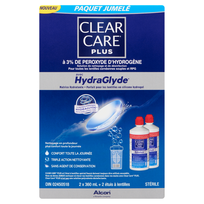 Solution nettoyante et désinfectante Clear Care Plus 3% de peroxyde d'hydrogène 2 x 360 ml