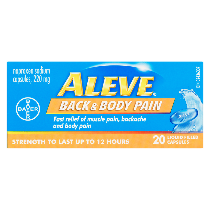 Aleve Naproxen Sodium Capsules 220 mg Back & Body Pain 20 Liquid Filled Capsules