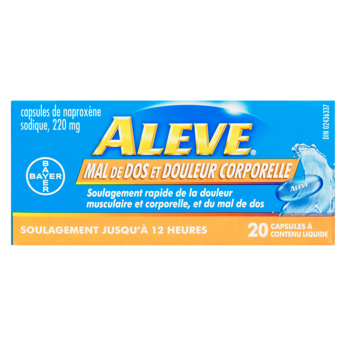 Aleve Naproxen Sodium Capsules 220 mg Back & Body Pain 20 Liquid Filled Capsules