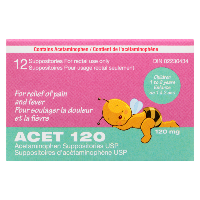 Suppositoires d'acétaminophène Acet USP Enfants 1 à 2 ans 120 mg 12 Suppositoires