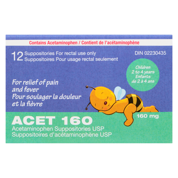 Suppositoires d'acétaminophène Acet USP Enfants de 2 à 4 ans 160 mg 12 suppositoires