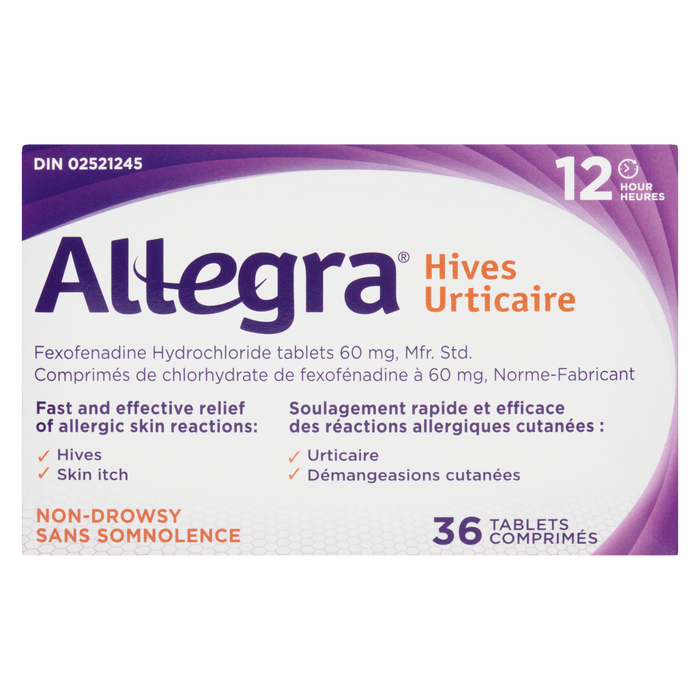 Comprimés de chlorhydrate de fexofanadine Allegra Hives 60 mg, norme du fabricant 12 heures sans somnolence 36 comprimés