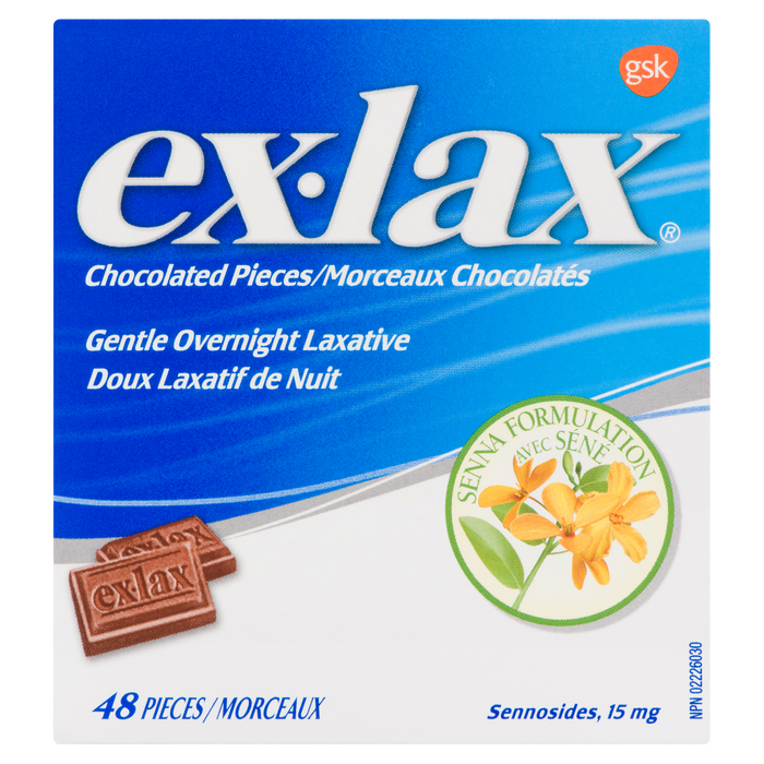 Laxatif doux de nuit Ex-Lax Sennosides, 15 mg Morceaux chocolatés 48 pièces