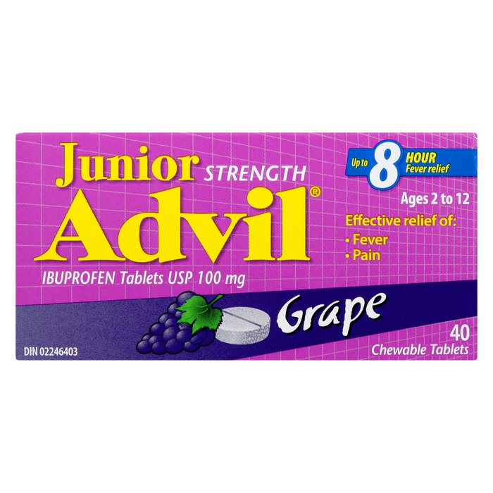 Advil Junior Strength Ibuprofen Tablets USP 100 mg Grape Ages 2 to 12 40 Chewable Tablets