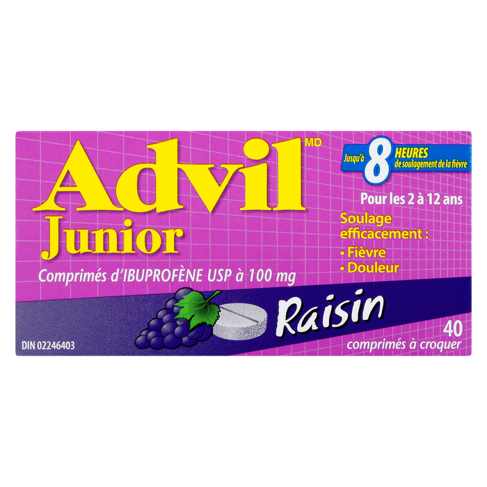 Comprimés d'ibuprofène Advil Junior USP 100 mg Raisin 2 à 12 ans 40 comprimés à croquer