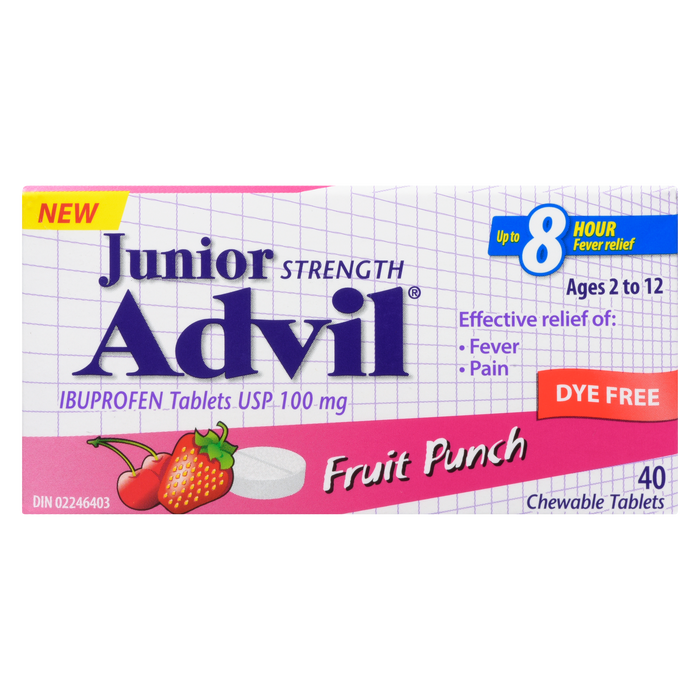 Comprimés d'ibuprofène Advil Junior Strength USP 100 mg Fruit Punch 2 à 12 ans 40 comprimés à croquer