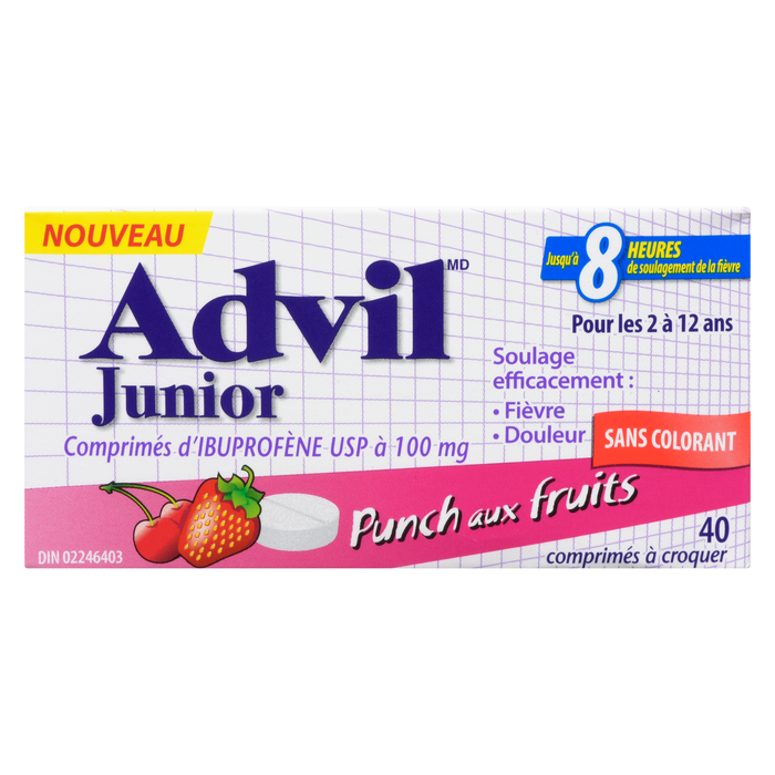 Comprimés d'ibuprofène Advil Junior Strength USP 100 mg Fruit Punch 2 à 12 ans 40 comprimés à croquer