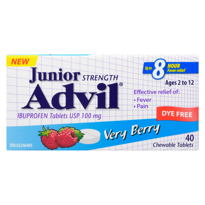 Comprimés d'ibuprofène Advil Junior Strength USP 100 mg Very Berry 2 à 12 ans 40 comprimés à croquer