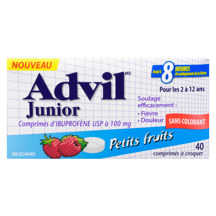 Comprimés d'ibuprofène Advil Junior Strength USP 100 mg Very Berry 2 à 12 ans 40 comprimés à croquer