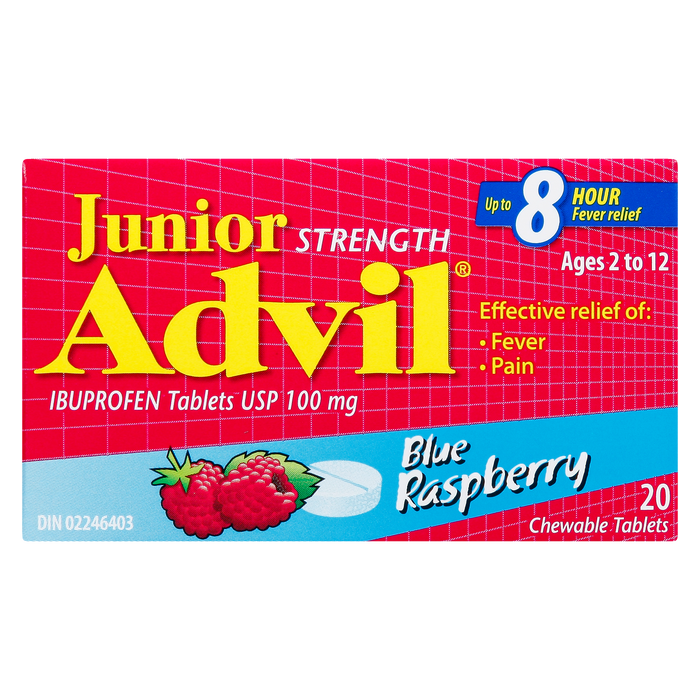 Comprimés d'ibuprofène Advil Junior Strength USP 100 mg Framboise bleue 2 à 12 ans 20 comprimés à croquer