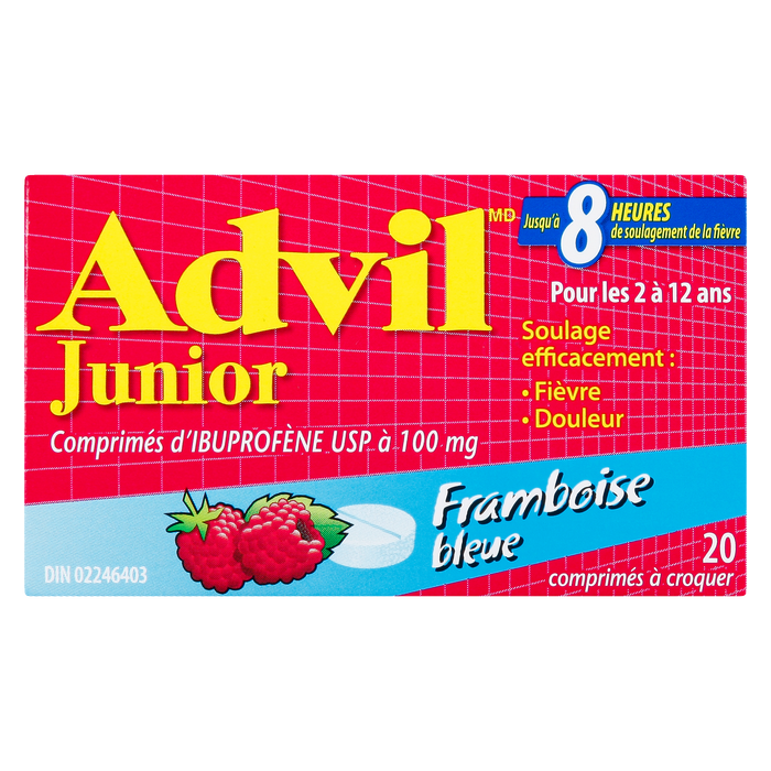 Comprimés d'ibuprofène Advil Junior Strength USP 100 mg Framboise bleue 2 à 12 ans 20 comprimés à croquer