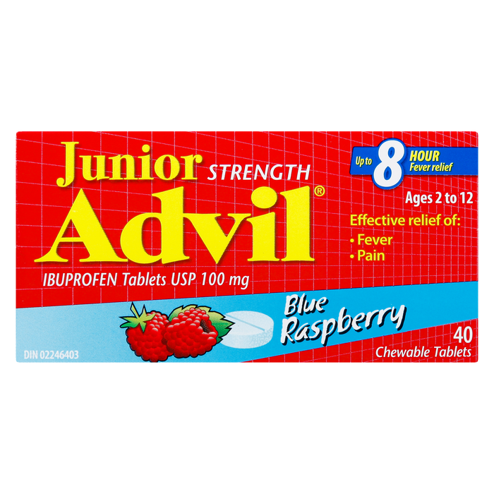 Advil Junior Strength Ibuprofen Tablets USP 100 mg Blue Raspberry Ages 2 to 12 40 Chewable Tablets