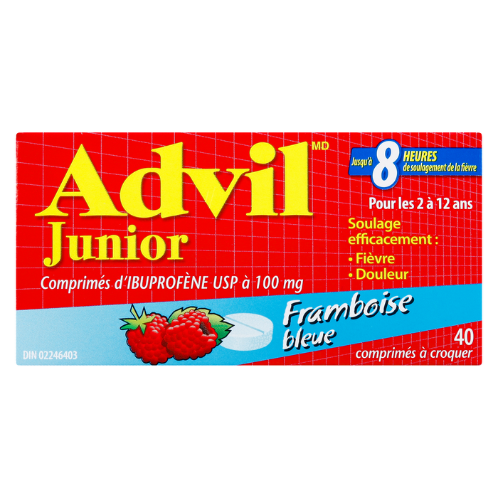 Comprimés d'ibuprofène Advil Junior USP 100 mg Framboise bleue De 2 à 12 ans 40 comprimés à croquer