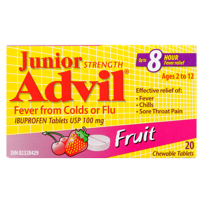 Comprimés d'ibuprofène Advil Junior USP 100 mg Fruit 2 à 12 ans 20 comprimés à croquer