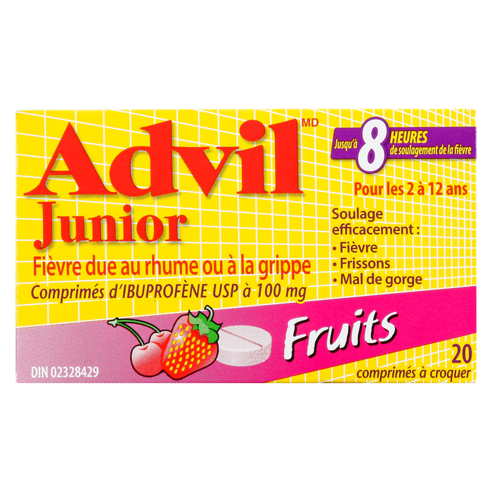 Advil Junior Strength Ibuprofen Tablets USP 100 mg Fruit Ages 2 to 12 20 Chewable Tablets