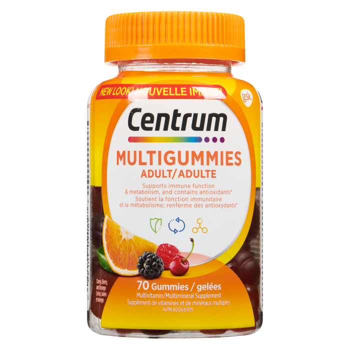 Centrum Multigummies Complément multivitaminé et multiminéral pour adultes Cerise, baies et orange 70 gummies