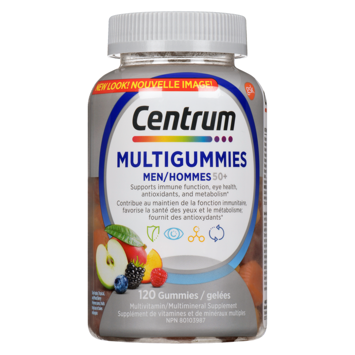 Centrum MultiGummies Complément multivitaminé et multiminéral pour hommes de 50 ans et plus Pomme aigre, fruits tropicaux et baies mélangées 120 gummies