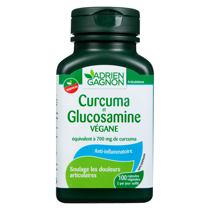 Adrien Gagnon Curcuma &amp; Glucosamine 700 mg Équivalent Curcuma 100 Capsules Végétariennes