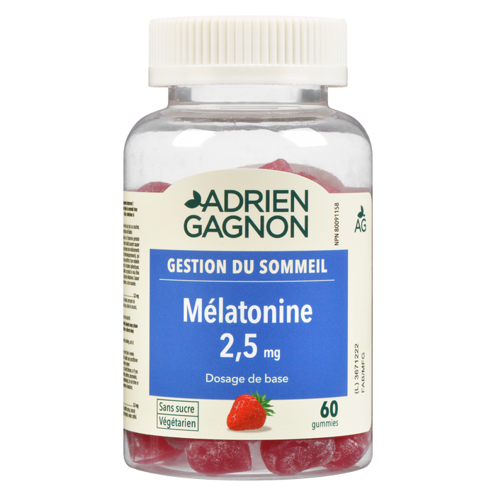 Adrien Gagnon Gestion du sommeil Mélatonine 2,5 mg Sans sucre 60 gummies