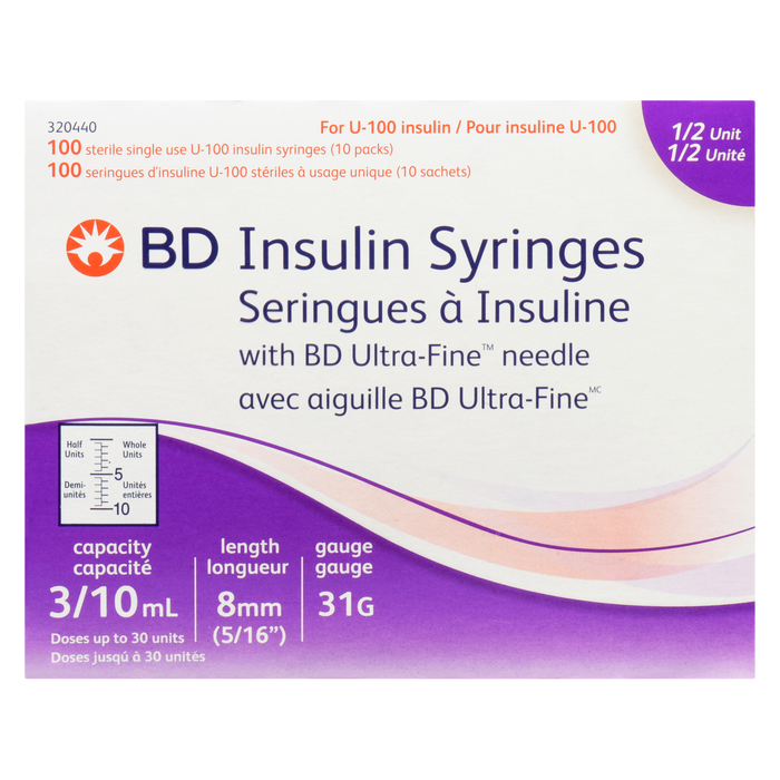 Seringues à insuline BD avec aiguille ultra-fine BD 320440 100 seringues à insuline stériles à usage unique U-100