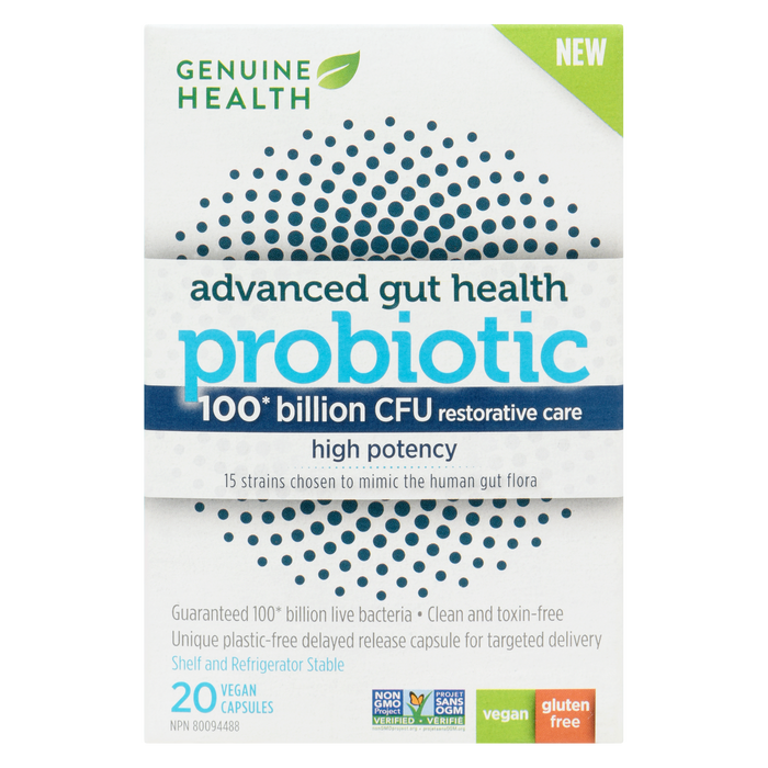 Genuine Health Advanced Gut Health Probiotic 100 milliards d'UFC Soin réparateur haute puissance 20 capsules végétaliennes