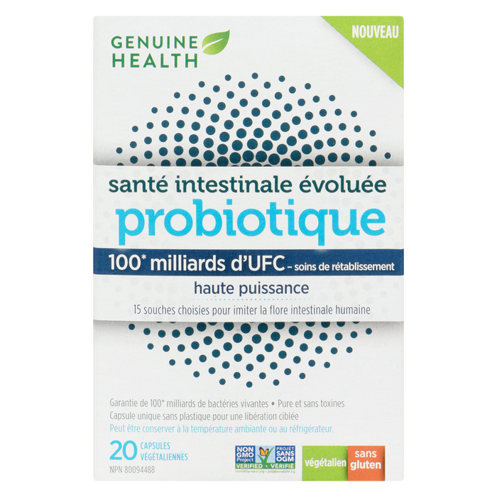 Genuine Health Advanced Gut Health Probiotic 100 milliards d'UFC Soin réparateur haute puissance 20 capsules végétaliennes