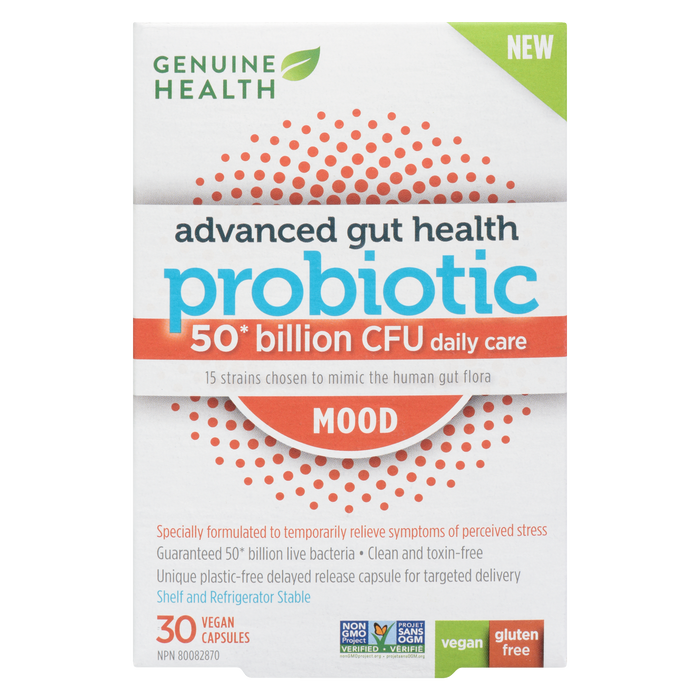 Genuine Health Advanced Gut Health Probiotic 50 milliards d'UFC Soins quotidiens Humeur 30 capsules végétaliennes