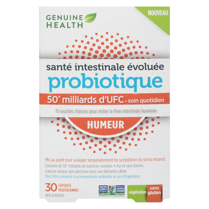 Genuine Health Advanced Gut Health Probiotic 50 milliards d'UFC Soins quotidiens Humeur 30 capsules végétaliennes