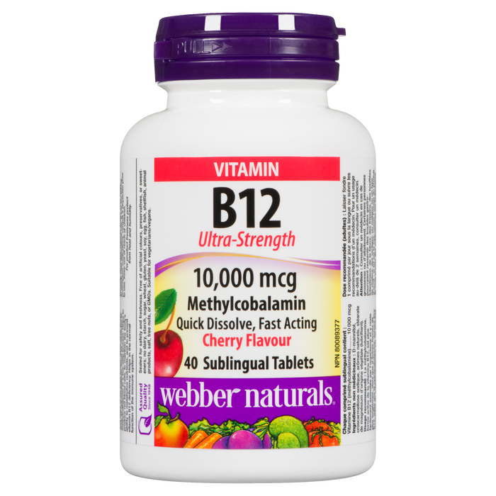 Webber Naturals Vitamin B12 10,000 mcg Methylcobalamin Ultra-Strength Cherry Flavour 40 Sublingual Tablets
