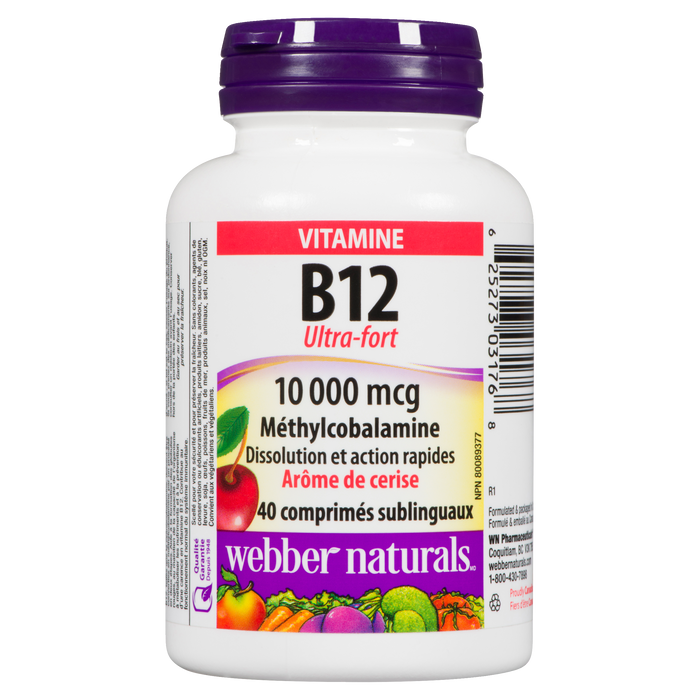 Webber Naturals Vitamin B12 10,000 mcg Methylcobalamin Ultra-Strength Cherry Flavour 40 Sublingual Tablets
