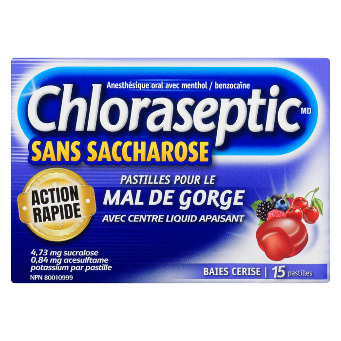 Pastilles Chloraseptic pour maux de gorge avec centre liquide apaisant sans saccharose Baies Cerise 15 pastilles