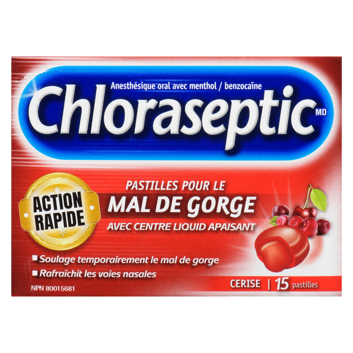 Pastilles Chloraseptic pour maux de gorge avec centre liquide apaisant Cerise 15 pastilles