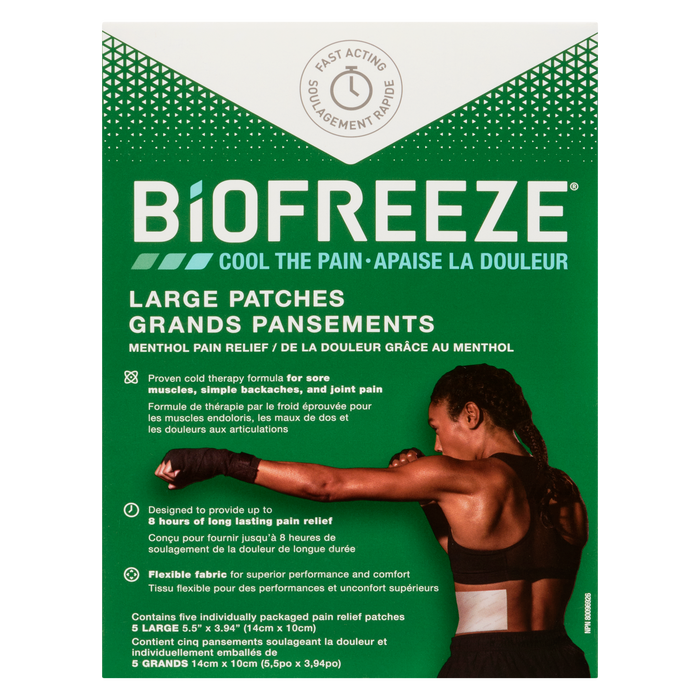 Patchs Biofreeze Grands pour soulager la douleur au menthol