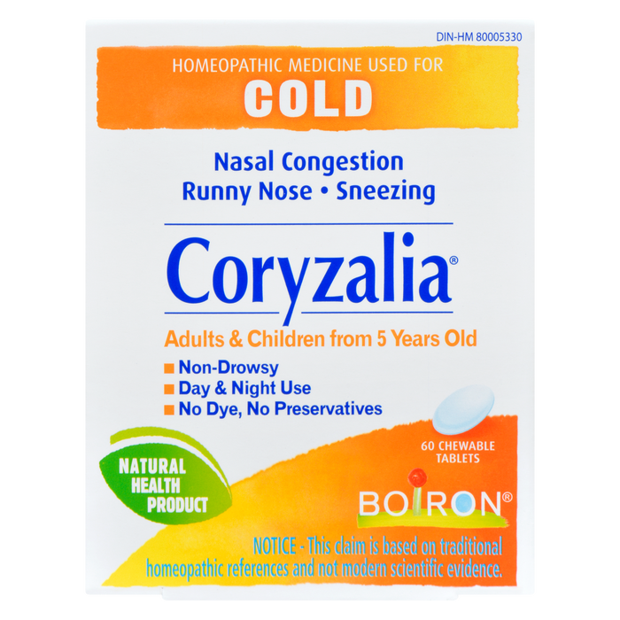 Boiron Coryzalia Homeopathic Medicine Used for Cold Adults & Children from 5 Years Old 60 Chewable Tablets