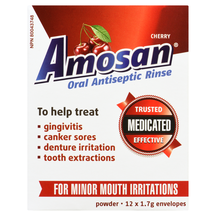 Amosan Poudre de Rinçage Antiseptique Oral Cerise 12 Enveloppes x 1,7 g