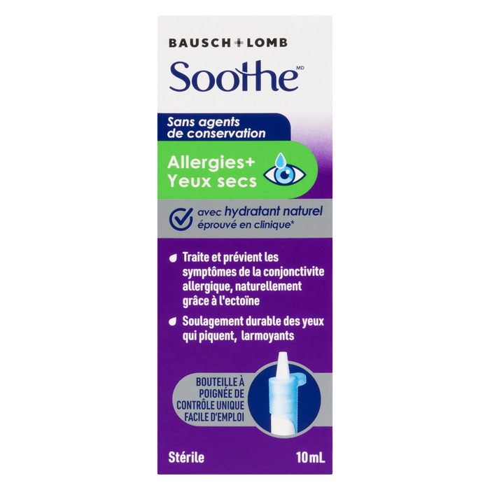 Gouttes oculaires lubrifiantes Soothe de Bausch + Lomb pour allergies et yeux secs 10 ml