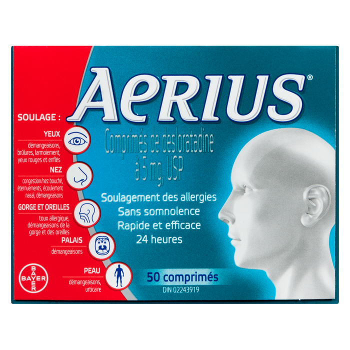 Comprimés de desloratadine Aerius USP, 5 mg 50 comprimés