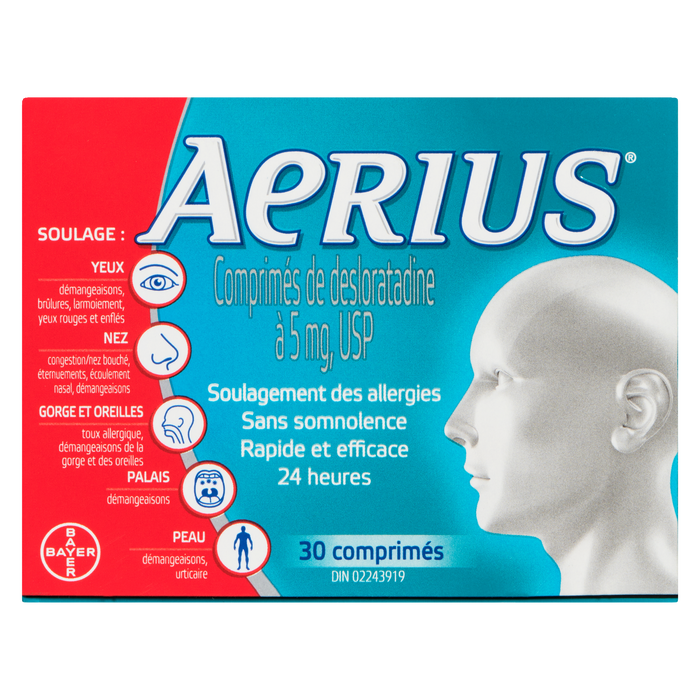 Comprimés de desloratadine Aerius USP, 5 mg 30 comprimés