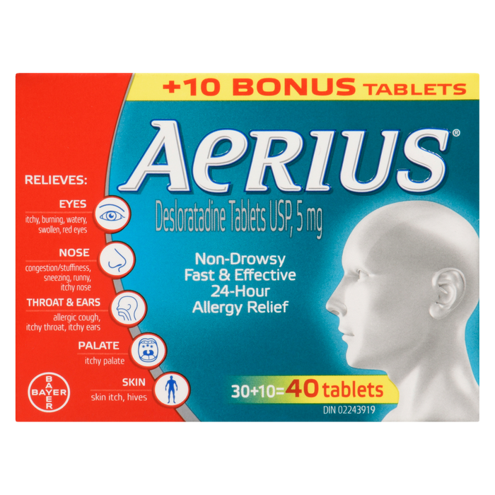 Aerius Desloratadine Tablets USP, 5 mg 30 + 10 Bonus Tablets (40 Tablets)