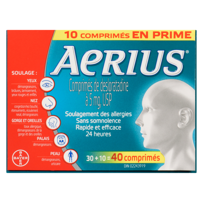 Comprimés de desloratadine Aerius USP, 5 mg 30 + 10 comprimés en prime (40 comprimés)