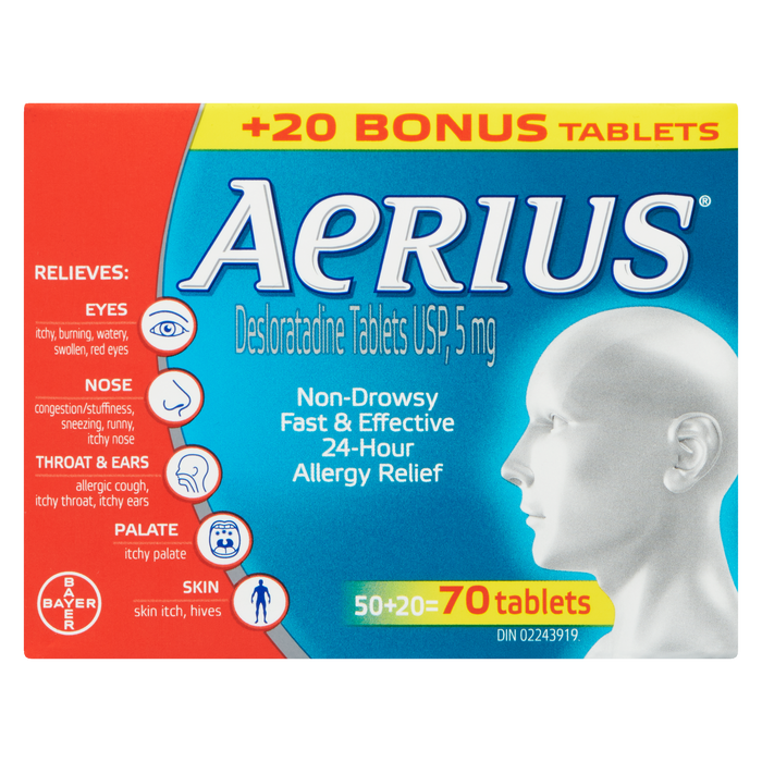 Aerius Desloratadine Tablets USP, 5 mg 50 + 20 Bonus Tablets (70 Tablets)